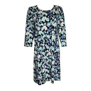J Jill Wearever Collection Dress Womens M Blue Black Floral Pullover 3/4 Sleeve